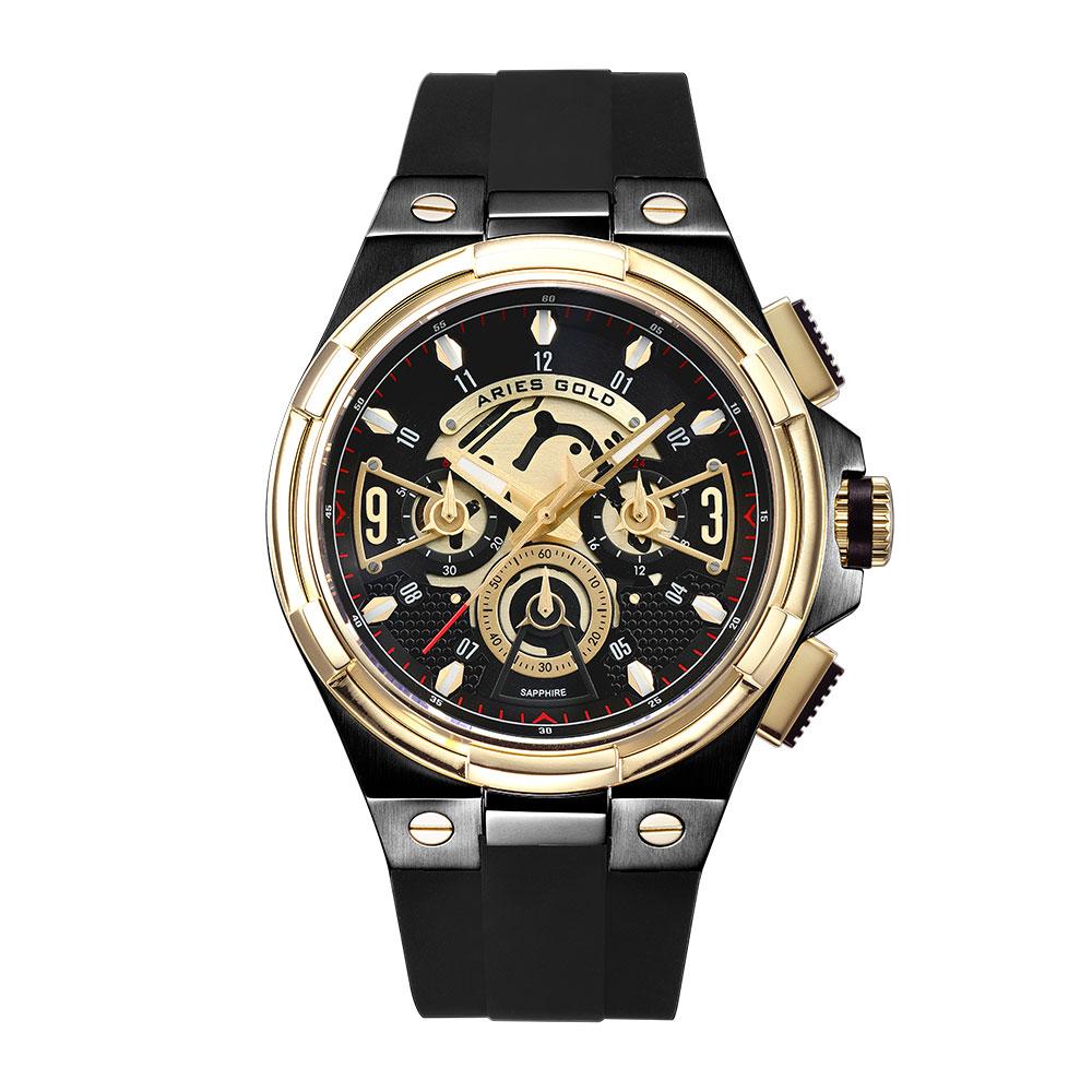 ARIES GOLD ANALOG LIGHTNING GOLD STAINLESS STEEL G 7016 BKG-BKG BLACK RUBBER STRAP MEN'S WATCH
